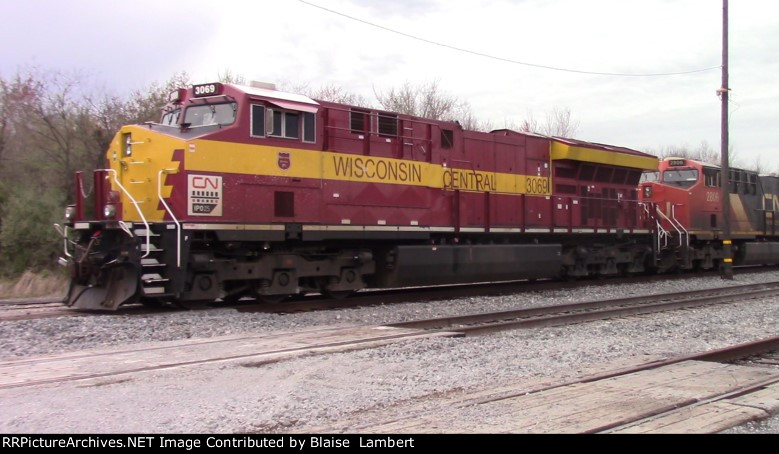 CN 3069 Wisconsin Central heritage unit tied down